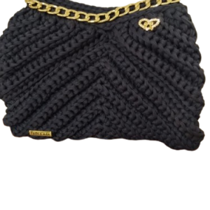 Bolsa Artesanal em Fio de Malha – Azul Petróleo com Alça Dourada