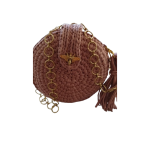 Bolsa Artesanal Redonda em Fio de Malha – Rosê com Alças Douradas e Fecho de Abelha